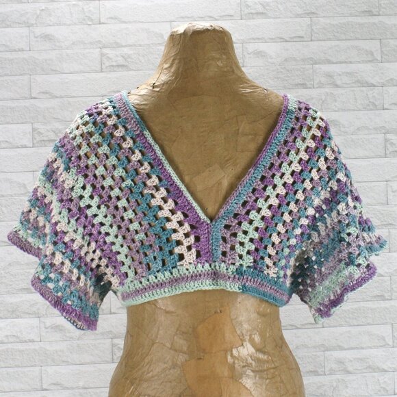 HAND CRAFTED Cardigan Ultra Cropped Crochet Lavender Granny Square Boho Stripe - Picture 5 of 11